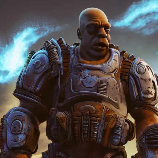 Image similar to Homer Simpson in Gears of War, splash art, movie still, cinematic lighting, dramatic, octane render, long lens, shallow depth of field, bokeh, anamorphic lens flare, 8k, hyper detailed, 35mm film grain