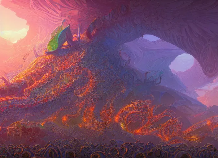 Image similar to psychedelic concept art of a dragon landscape made of thousands of spiraling dragons, cel shaded, in the style of makoto shinkai and moebius and peter mohrbacher and anton fadeev