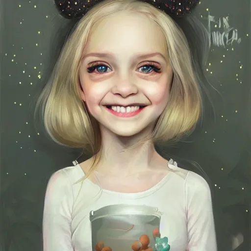 Prompt: Portrait of a beautiful little girl smiling with big eyes, as excited as the first time she ate sugar ,artwork by Ross Tran