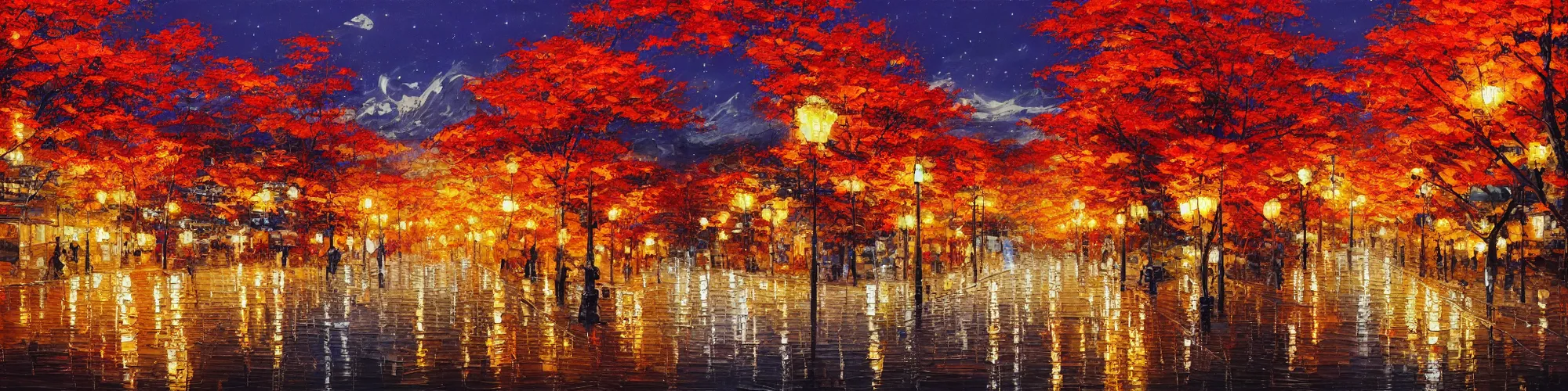 Image similar to painting of autumn japanese city landscape during night, award winning painting, beautiful, breathtaking, stunning scenery, trending on artstation, masterpiece