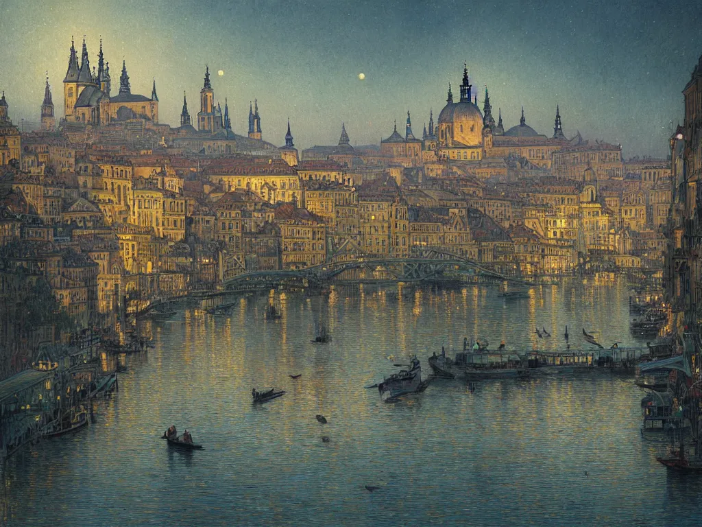 Image similar to a view from the river a city resembling prague, paris, and venice at night with a sky full of nebulas, intricate, elegant, highly detailed, digital painting, artstation, concept art, smooth, sharp focus, colored illustration for tattoo, art by l birge harrison and krenz cushart and artem demura and alphonse mucha,