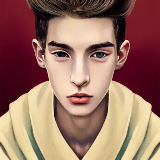 Image similar to colorful Captivating teenage boy with brown blond short quiff hair and thin facial structure with cleft chin, crooked nose, good definition of cheekbones, Alert brown eyes, narrow face, slim body, wearing a detailed Japanese kimono with golden details, atmospheric lighting, painted, intricate, 4k, highly detailed by Charlie Bowater