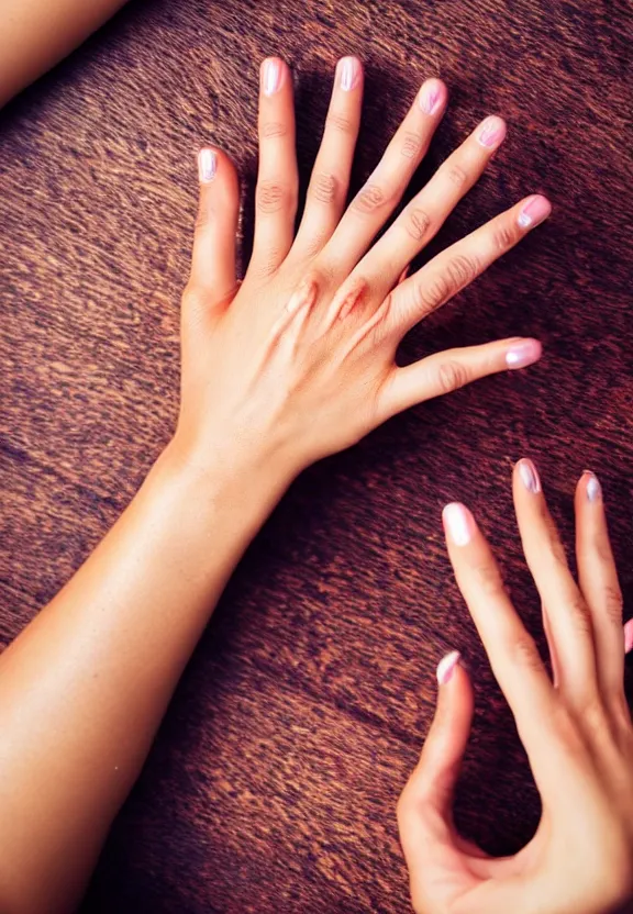 Image similar to an instagram photo of one ultra detailed woman's palm with 5 fingers lying on the table, instagram photo, studio photo