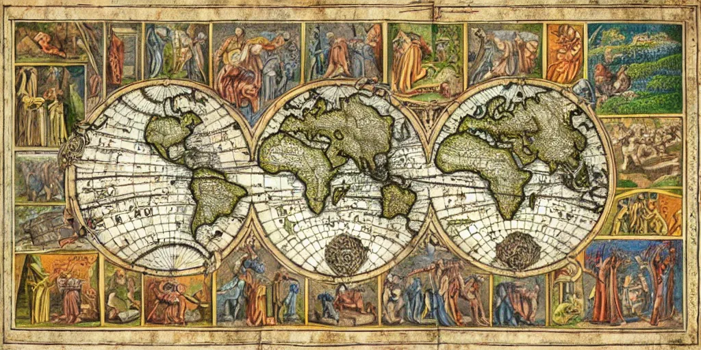 Prompt: insane ancient instructional maps, intricate details, full color,