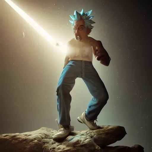 Image similar to full body pose, hyperrealistic photograph of a rick sanchez, dim volumetric lighting, 8 k, octane beautifully detailed render, extremely hyper detailed, intricate, epic composition, cinematic lighting, masterpiece, trending on artstation, very very detailed, stunning, hdr, smooth, sharp focus, high resolution, award, winning photo, dslr, 5 0 mm