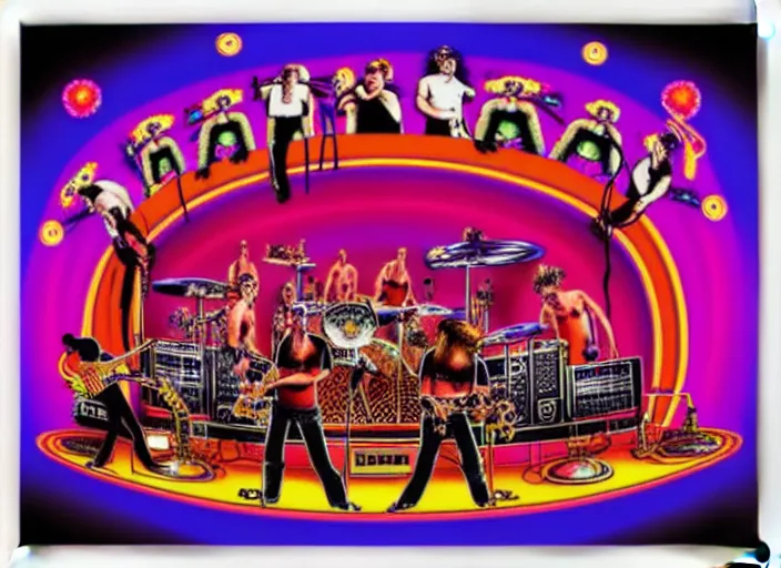 Image similar to members of the band tool performing on stage at a very large concert venue, colorful,modern, disney poster, detailed,