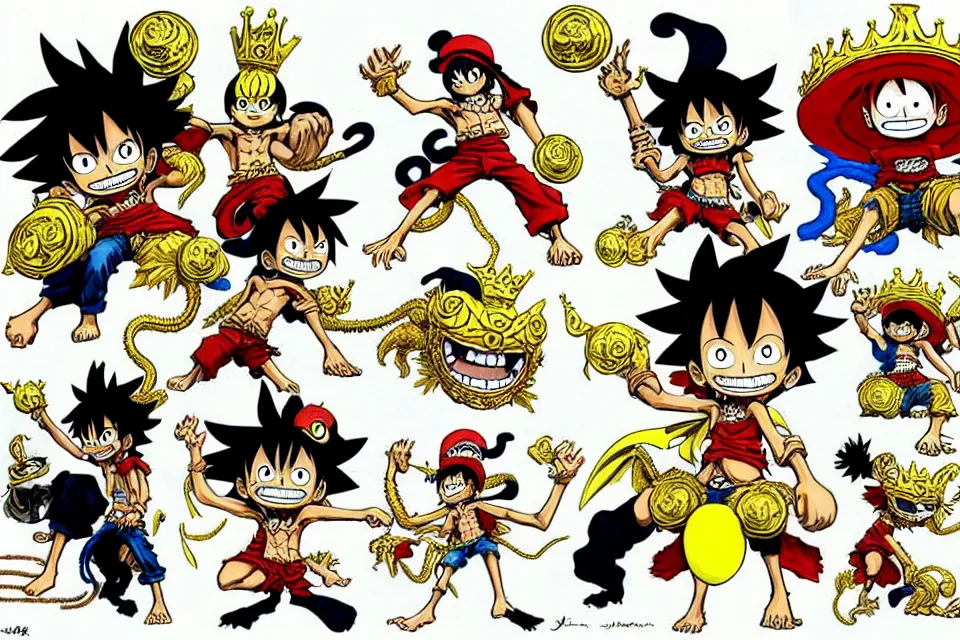 Image similar to concept sketches of luffy wearing a gold crown riding a large dragon by jamie hewlett, in the style of megaman, micro detail