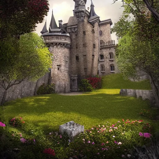 Image similar to a castle within a garden, realistic, photo studio, HDR, 8k, trending on artstation