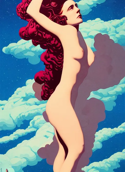 Image similar to poster artwork by michael whelan and tomer hanuka, portrait of beautiful sensual dancer in the clouds of jupiter, clean, art deco