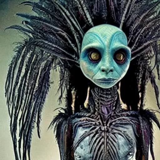 Prompt: humanoid alien species with human face, black feathers instead of hair, feathers growing out of skin, wings growing out of arms, transformation, tim burton, guillermo del toro