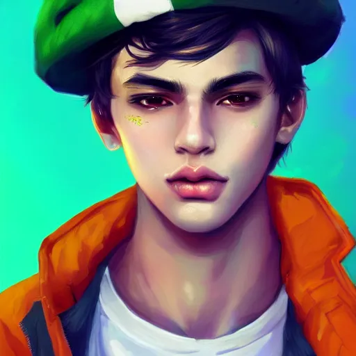 Prompt: colorful and Festive Captivating teenager boy with straight green hair, green eyes, dark skin tone, wearing a white captain hat and orange jacket. rich vivid colors, ambient lighting, dynamic lighting, 4k, atmospheric lighting, painted, intricate, highly detailed by Charlie Bowater