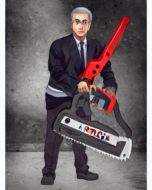 Prompt: Digital presidential anime art of Alvaro Uribe Velez holding a chainsaw by A-1 studios, serious expression, empty warehouse background, highly detailed, spotlight