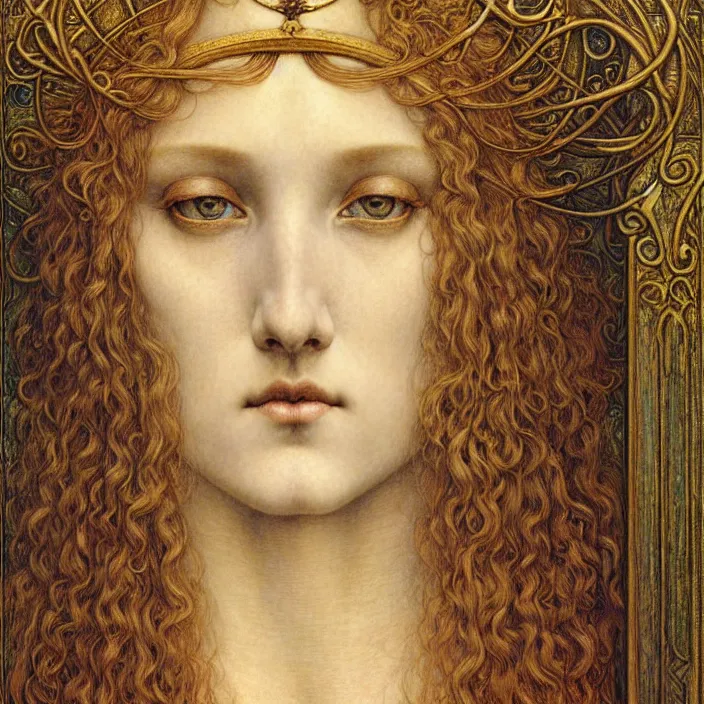 Image similar to detailed realistic beautiful young medieval queen face portrait by jean delville, gustave dore and marco mazzoni, art nouveau, symbolist, visionary, gothic, pre - raphaelite. horizontal symmetry