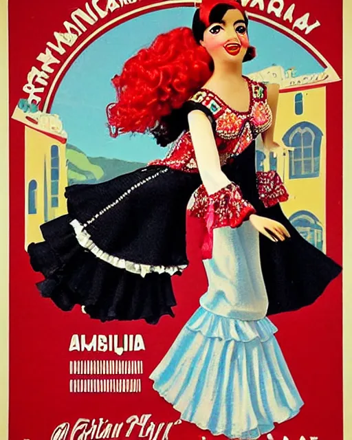 Image similar to an advertising poster of a flamenco gipsy marin doll, retro style of andalusian fair poster