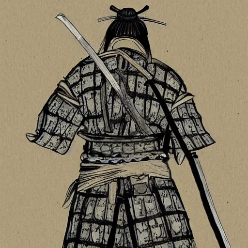 Image similar to A FULL BODY PORTRAIT FROM BEHIND OF A SAMURAI WITH A KATANA AND A CHAIN , ink style , sketch
