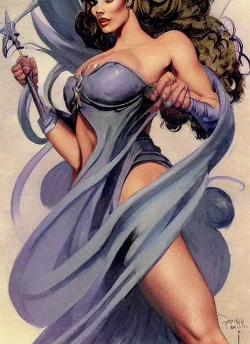 Prompt: mighty plump female sorceress, blue tiara, lightning halo, strong line, muted color, beautiful! coherent! by frank frazetta, by brom