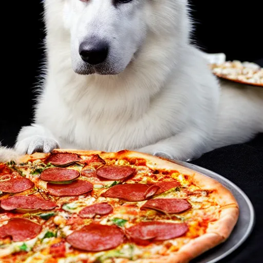 Image similar to detailed photo of a white german shepherd eating pizza, various posed, full body, studio light, 8 k, photorealism, intricate detail, diffuse lighting