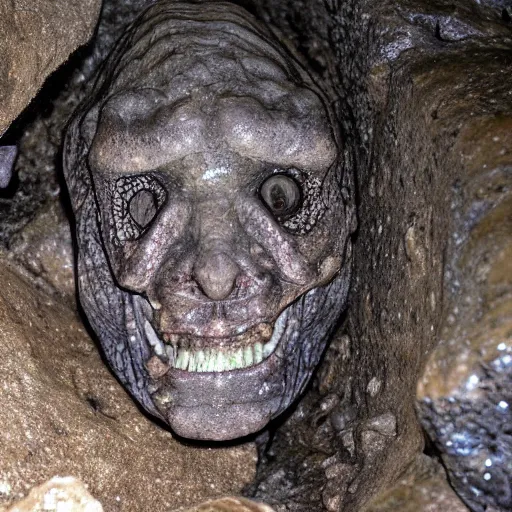 Prompt: photo inside a cavern of a wet reptilian humanoid partially hidden behind a rock, with black eyes and big teeth