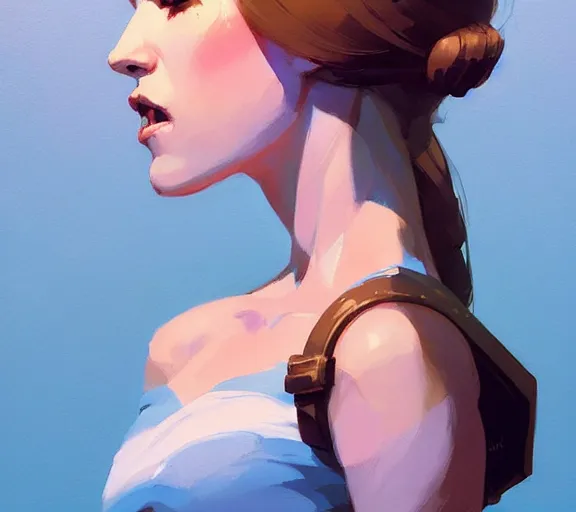 Image similar to side - profile painted portrait, queen, fantasy, by atey ghailan, by greg rutkowski, by greg tocchini, by james gilleard, by joe fenton, by kaethe butcher, hearthstone, art by artgerm dynamic lighting, gradient light blue, brown, blonde cream and white color scheme, grunge aesthetic