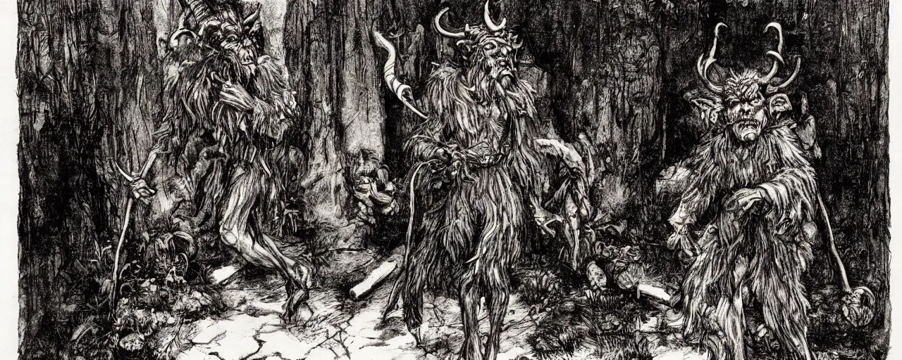 Prompt: Victorian Krampus horned satyr figure walking through a fantasy Victorian christmas village, art by arthur rackham, photorealistic, dark fantasy, book illustration style, 19th Century, 8K