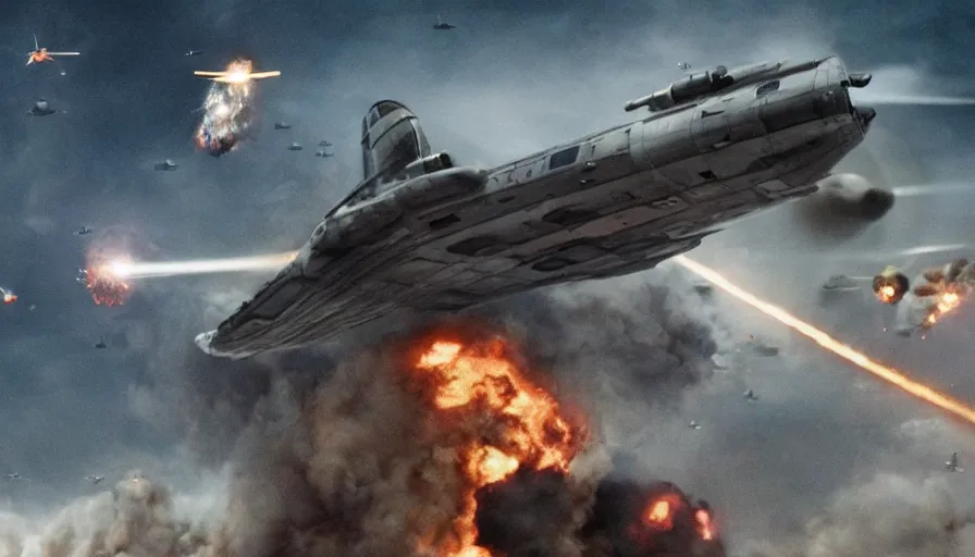 Image similar to big budget movie about a world war 2 spaceship battle