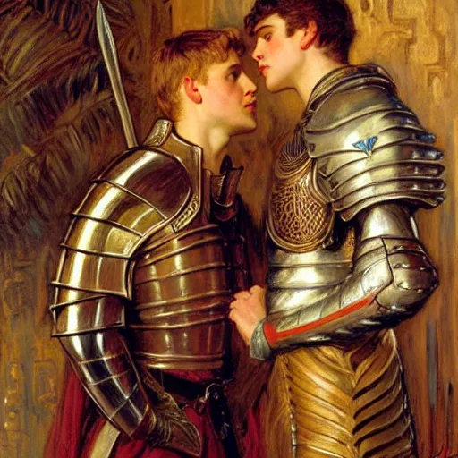 Image similar to attractive fully clothed arthur pendragon confesses his love for his attractive fully clothed male knight. highly detailed painting by gaston bussiere and j. c. leyendecker 8 k