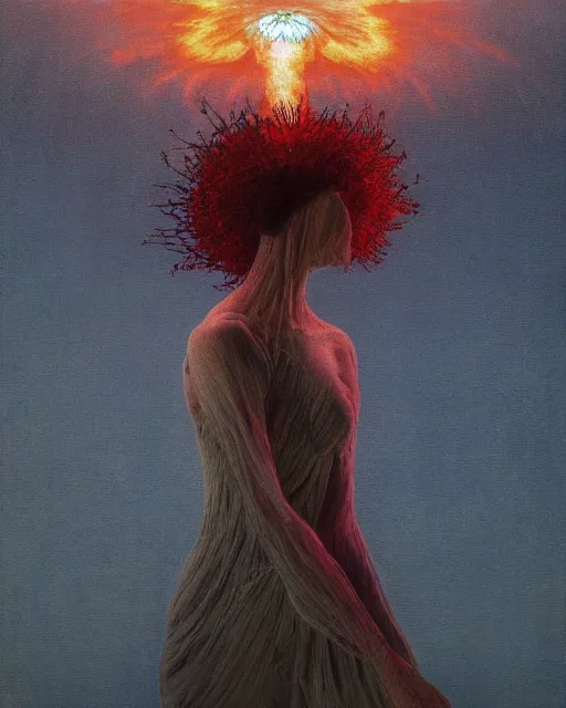 Image similar to A portrait of a woman wearing clothes made out of dying flowers, nuclear explosion in the background, Masterpiece, cyan skin, glowing, wires everywhere, by Edgar Maxence and Ross Tran, Zdzisław Beksiński, and Michael Whelan, distant, gustav dore, H.R. Giger, 8k, octane render