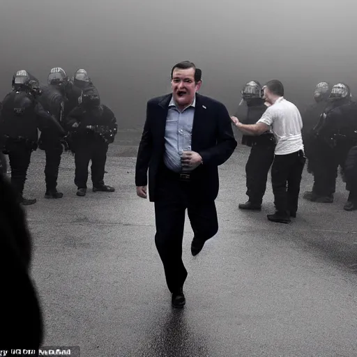 Image similar to Ted Cruz with a wide grin being chased down by multiple police officers, black and white, creepy lighting, foggy atmosphere, scary, horror, ornate, eerie, fear