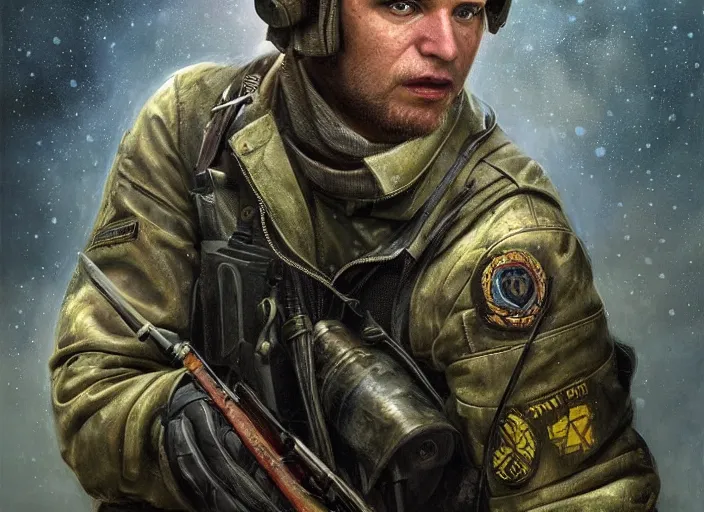 Prompt: tim taylor as a ukrainian resistance fighter against russia, cosmic horror painting, elegant intricate digital painting artstation concept art by mark brooks and brad kunkle detailed