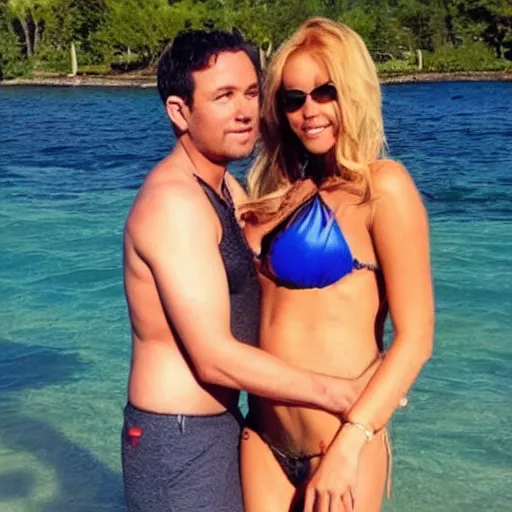 Image similar to photo of a 4 0 year old man that looks young for his age dating a very attractive 2 2 year old woman wearing a bikini. they seem to be into eachother.