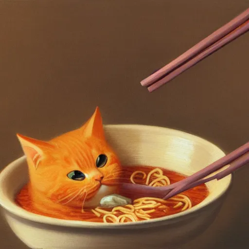 Prompt: Fat, cute orange cat in a suit eating ramen, busy restaurant, close up, ukyio-e, painting by Koson Ohara, details, 4K, 8K