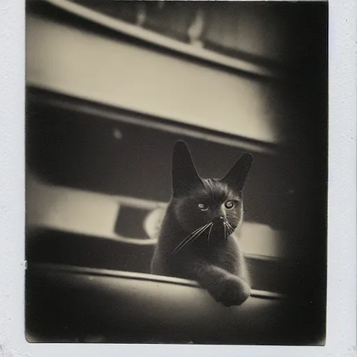 Image similar to black cat in a rollercoaster. the cat looks happy. sunlight. polaroid photo. sepia. grainy.