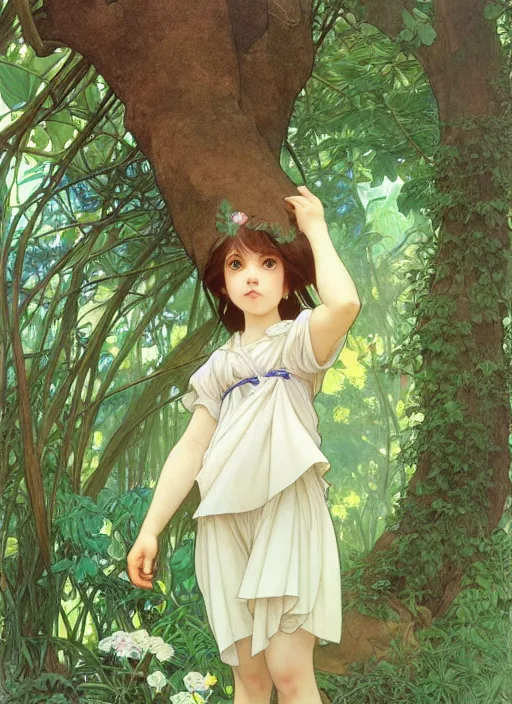 Image similar to young girl with long hair wearing shorts and a t - shirt, climbing a tree, path traced, highly detailed, high quality, digital painting, by studio ghibli and alphonse mucha, leesha hannigan, hidari, art nouveau, chiho aoshima, jules bastien - lepage