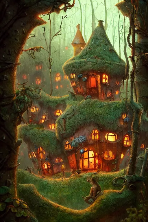 Prompt: a shot from a Jean pierre jeunet movie of a storybook style ramshackle multistory fairytale hut in the forest, intricate, elegant, fantasy, highly detailed, digital painting, concept art, sharp focus, artstation