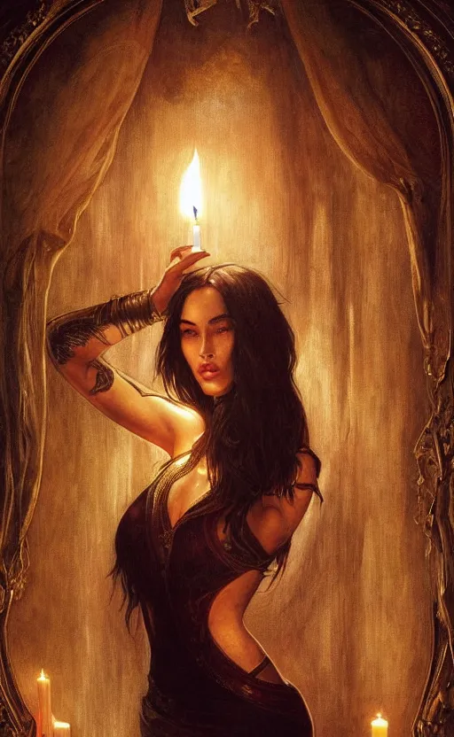 Prompt: masterpiece of megan fox with beautiful hands close to a candle in dark room, cinematic, powerful, moon beams dramatic light, highly, intricate gold elements, hollow souls, detailed, digital painting, artstation, concept art, sharp focus, illustration, art by artgerm and greg rutkowski and alphonse mucha