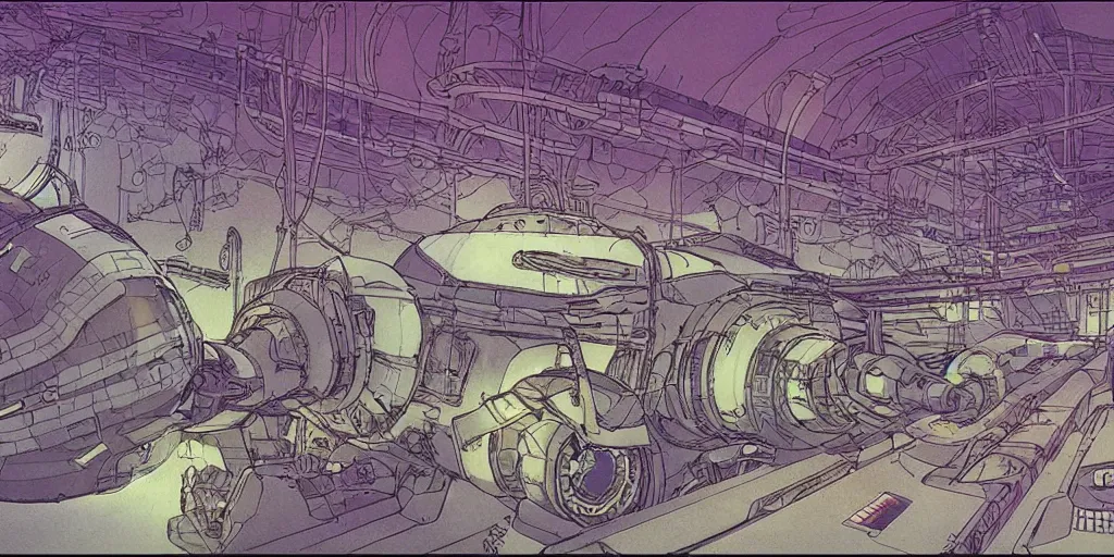 Image similar to underground scifi huge experimental tanks and bizarre creatures in it , mysterious laboratory, low ceiling, cables hanging from ceiling, thick cables on ground, ground perspective, huge computer screens, neons, top light , epic scene, illustration, art by ghibli moebius, comics art