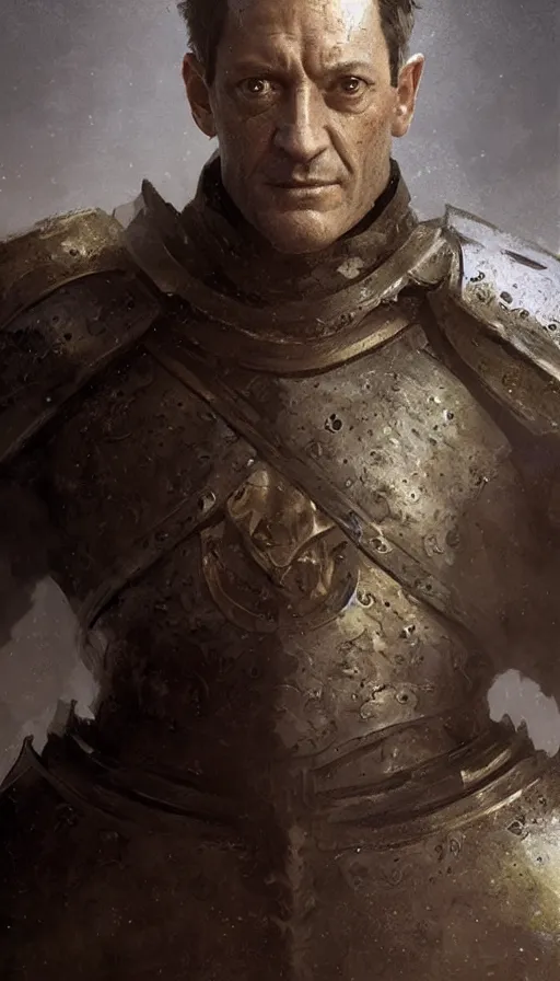 Image similar to Portrait of Jason Isaacs as an old knight, male, detailed face, fantasy, highly detailed, cinematic lighting, digital art painting by greg rutkowski