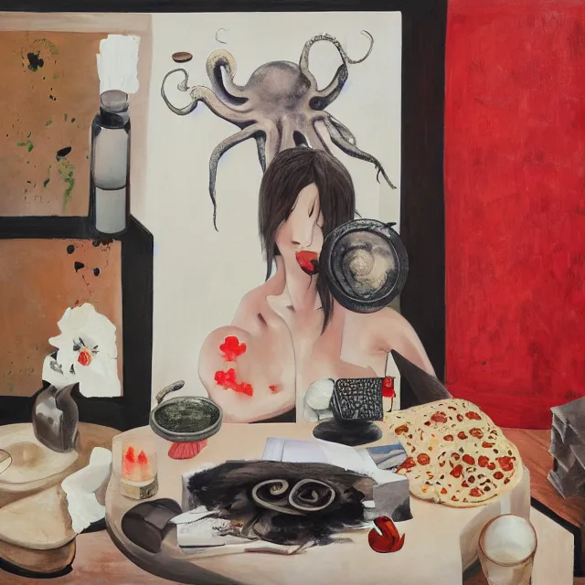 Prompt: a portrait in a female artist's apartment, organic, a woman holding a brain, japanese pottery vase with white flowers, sensual, smokey burnt envelopes, candles, feminine, spilled milk, octopus, squashed berries, pizza box, pancakes, black underwear, neo - expressionism, surrealism, acrylic and spray paint and oilstick on canvas