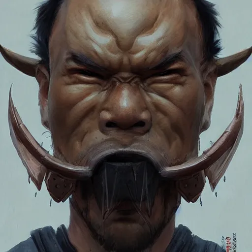 Image similar to A head-on detailed oil portrait of japanese samurai wearing oni mask by greg rutkowski and artgerm, trending on artstation, dungeons and dragons art