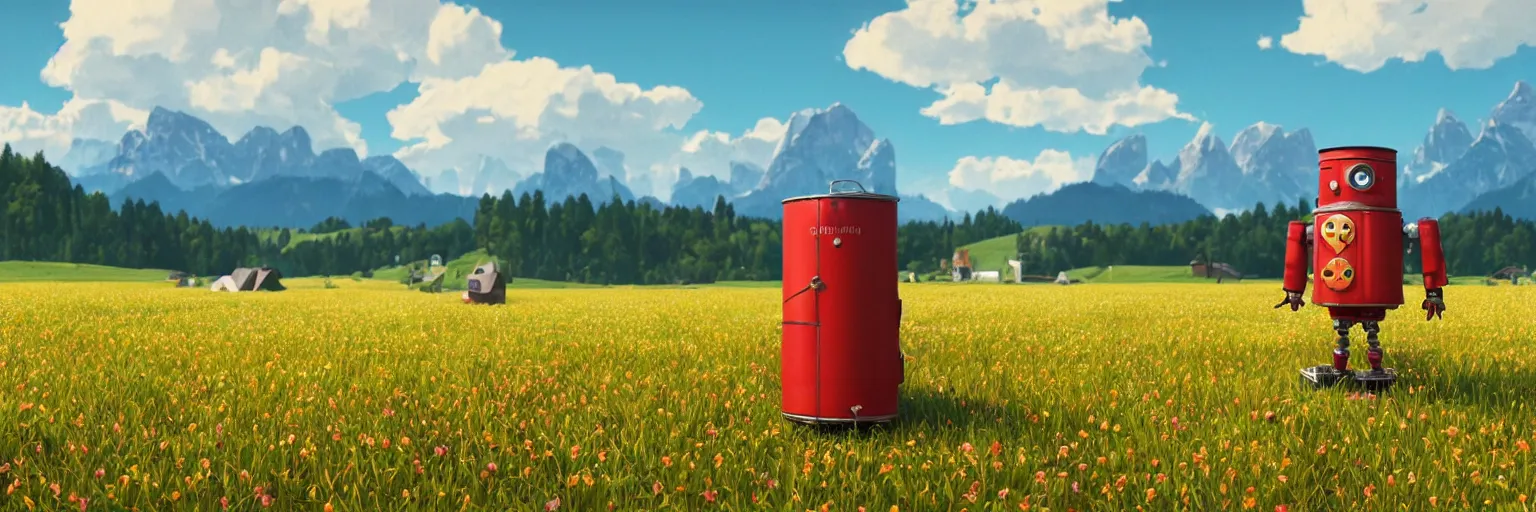 Prompt: a ultra photorealistic and sharp film still of an a sunny and colourful open field in 1 9 0 0 in the middle of the bavarian alps, germany. a tin can robot posing for instagram in the foreground. wide shot, wes anderson, studio ghibli, pixar and disney animation, octane render, anime key art by greg rutkowski, dramatic lighting, award winning photography