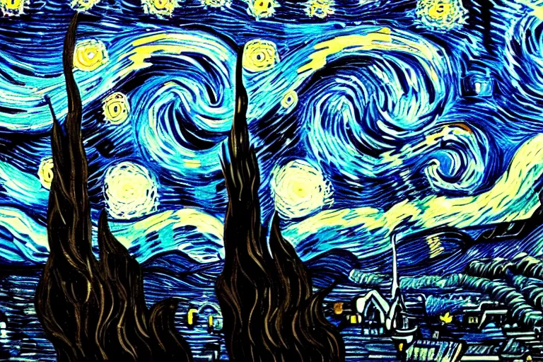 Image similar to man is seeing old god eldritch horror cthulhu terrifying the night sky of a city, epic scene, hyper - detailed, gigantic cthulhu, realistic dark - art painted by van gogh