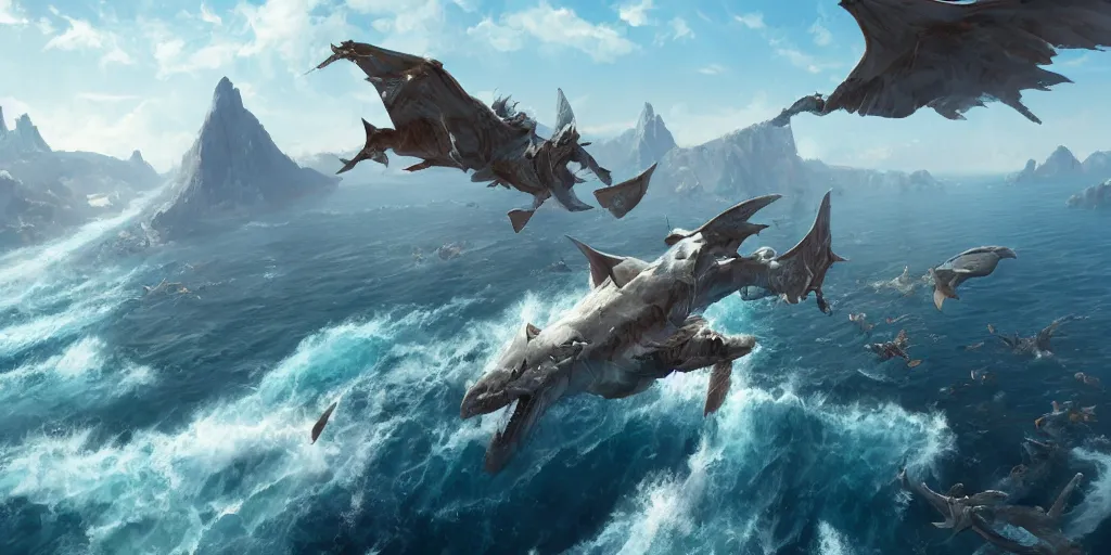 Image similar to Wyverns flying over a big blue sea surrounded by floating mountains, Darek Zabrocki, Karlkka, Jayison Devadas, Phuoc Quan, trending on Artstation, 8K, ultra wide angle, pincushion lens effect