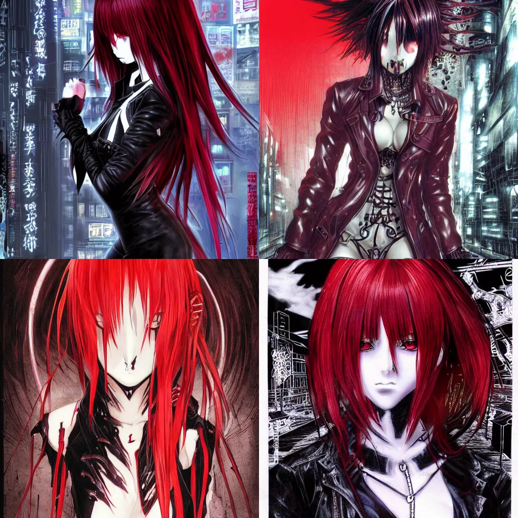 Prompt: highly detailed professional late 2 0 0 0 s seinen manga cover art of goth woman with red hair, red eyes, leather clothes, black makeup. chunibyo. horror cyberpunk action manga cover promotional art. detailed and intricate environment. pencils by ilya kuvshinov and painted by zdzislaw beksinski, inked by tsutomu nihei