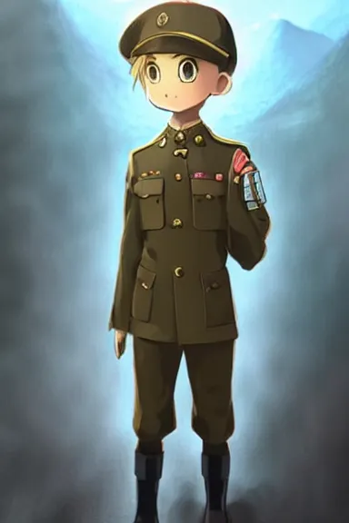 Prompt: beautiful little boy in nazi male uniform. made in abyss art style, sharps focus, pose, cute detailed artwork, anatomically correct, ilya kuvshinov, reflection, perfect composition, wallpaper mobile, digital art, detailed anime soft face, symmetrical face, western comic, illustration, realistic, smooth, lois van baarle, soft details, balthus