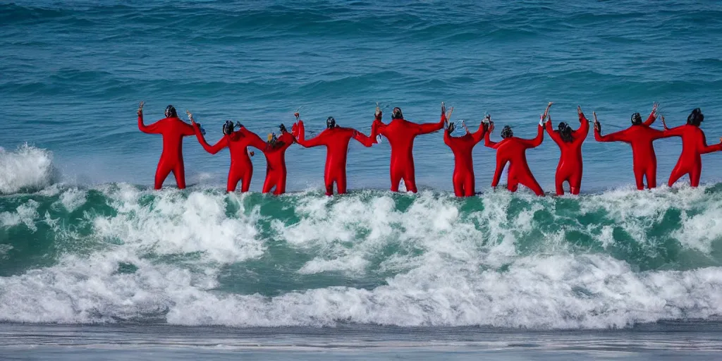 Image similar to devil worshippers in robes belonging to the cult of the ocean surfing in waves, standing on surfboards, surfing inside one large barreled wave, high detailed colors, blue