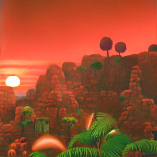 Prompt: photo of a real sunset inside the first level of donkey kong country ( 1 9 9 4 ), real life, photorealistic, soft focus, long exposure