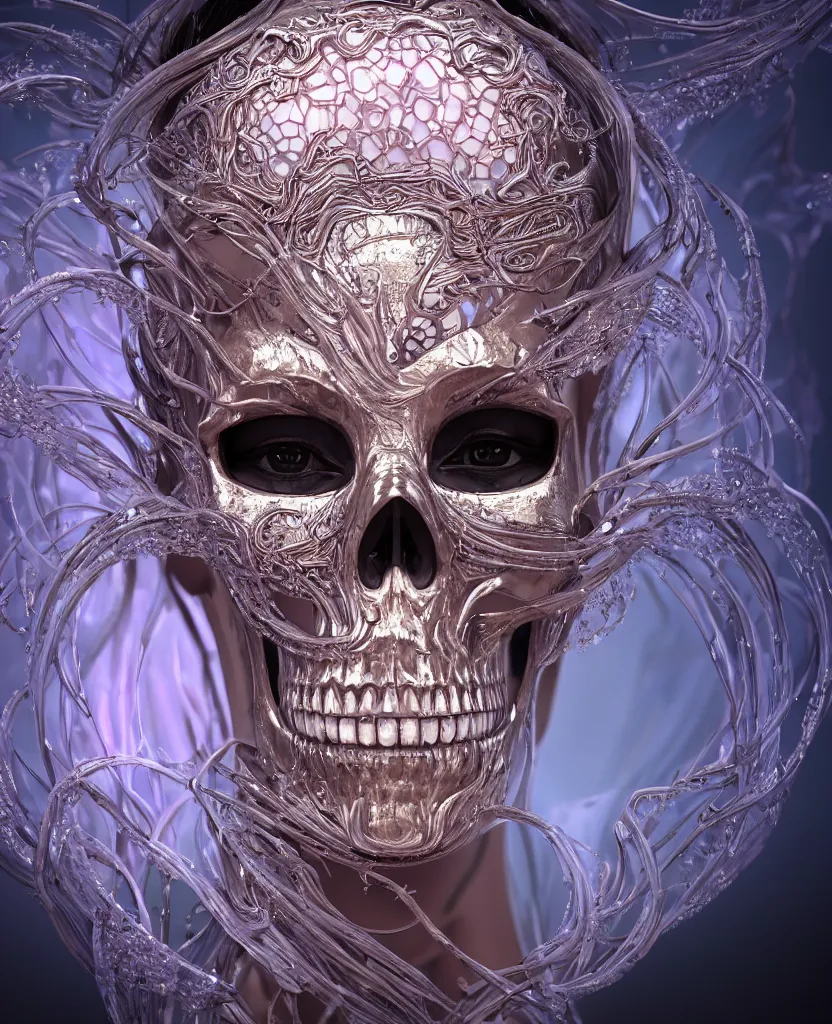 Image similar to close-up macro portrait of the face of a beautiful princess in a skull chrome mask, epic angle and pose, symmetrical artwork, 3d with depth of field, blurred background, cybernetic jellyfish female face skull phoenix bird, translucent, nautilus, energy flows of water and fire. a highly detailed epic cinematic concept art CG render. made in Maya, Blender and Photoshop, octane render, excellent composition, cinematic dystopian brutalist atmosphere, dynamic dramatic cinematic lighting, aesthetic, very inspirational, arthouse. y Greg Rutkowski, Ilya Kuvshinov, WLOP, Stanley Artgerm Lau, Ruan Jia and Fenghua Zhong