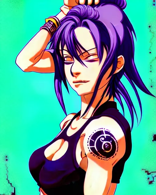 Image similar to a portrait of revy from black lagoon, dilraba dilmurarevy, smirk, black tank top, jean shorts, brown eyes, purple hair, tribal tattoos right arm sleeve, symmetrical eyes, symmetrical face, art by lois van baarle and loish and ross tran and rossdraws and sam yang and artgerm