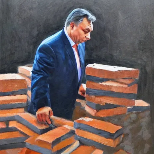 Image similar to viktor orban laying bricks, oil painting