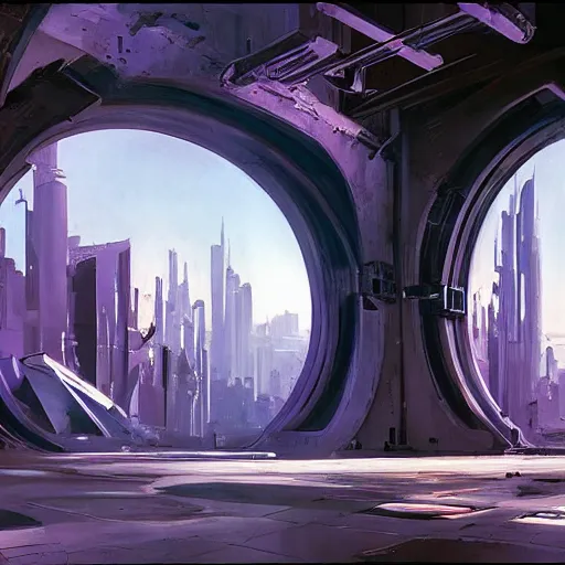 Image similar to derelict portal in a middle of a futuristic cityscape, world seen only through a portal, daylight, cinematic perspective, cinematic lighting, blue sky, syd mead, john harris